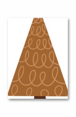 Flat conical tree is showing looping ornaments, pink star, brown trunk on transparent background