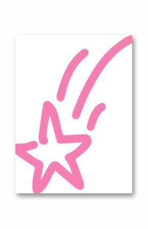 Hand-drawn shooting star icon is floating on transparent background with star, three curved trails
