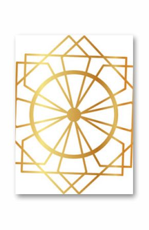 Flat design is featuring gold ring with twelve spokes over star shape on transparent backdrop