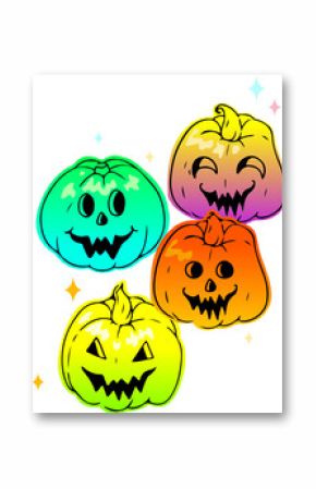 Four vector jack-o-lanterns are glowing with star moon sparks on transparent background, copy space