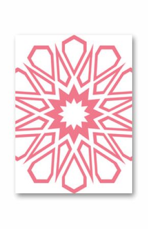 Pink mandala in flat design is showing star, petal outlines and triangles on transparent backdrop