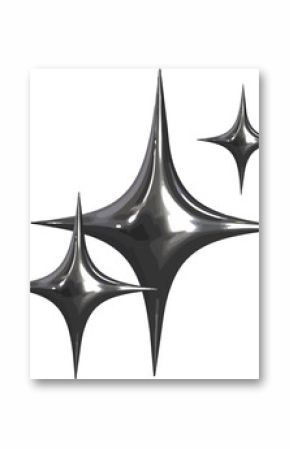 Three metallic star sparkles floating on transparent backdrop in glossy vector illustration