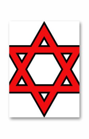 Red six-pointed star is floating in flat design with bold black outline, white border, transparent
