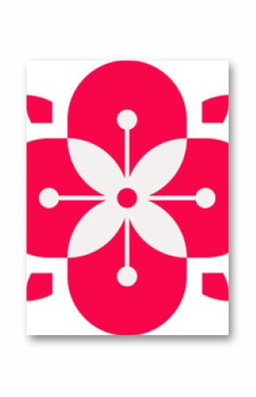 Flat vector depicting flower icon with red petals, white star and stamen on transparent backdrop