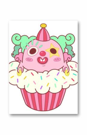Cupcake clown is wearing party hat, star eyepatch in flat design on transparent background