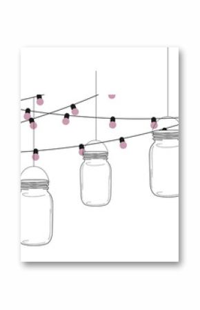 Mason jar lanterns are appearing in line art with draped fairy lights on transparent background
