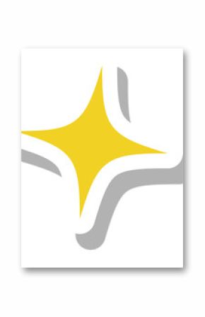 Flat 4-pointed star is floating on transparent bg showing yellow center white outline black shadow