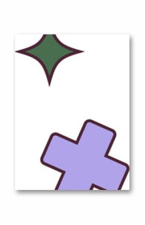 Flat design shapes are floating on transparent background, with green star and purple plus
