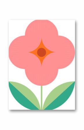 Flat vector displaying pink flower with orange star center, green leaves, transparent background