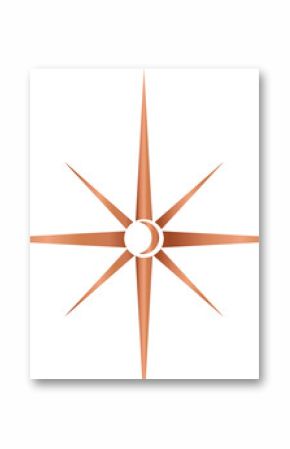 Eight-pointed star with center circle is glowing in transparent copper gradient vector, copy space