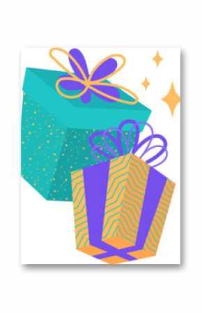 Flat design gift boxes are floating on transparent bg with gold bows, purple ribbons, star sparkles
