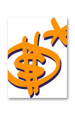 Hand-drawn dollar symbol is floating on transparent background, with orange oval ring and star