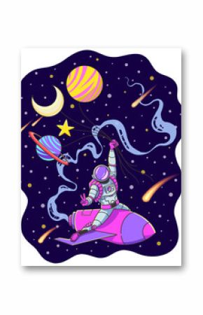 Flat design astronaut is riding rocket in space holding planet moon star balloons, clear background