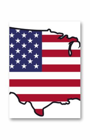 US map silhouette is showing flag stripes and star field in flat design on transparent background