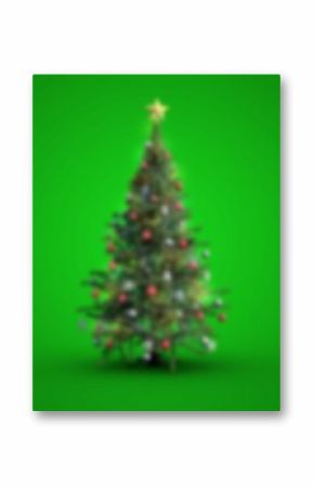 Flat Christmas tree is showing star topper, string lights and red silver baubles on green backdrop