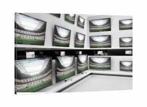 Flat design TVs are lining showroom walls with price tags, showing stadium views under LED lights