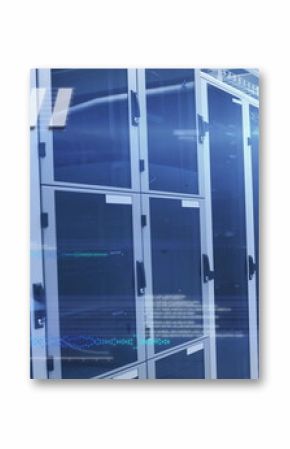 Glowing row of server cabinets humming in data center corridor, with LED lights and digital overlay