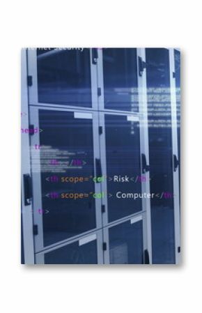 Displaying server rack cabinets with LED lights in data center corridor, with code overlay text