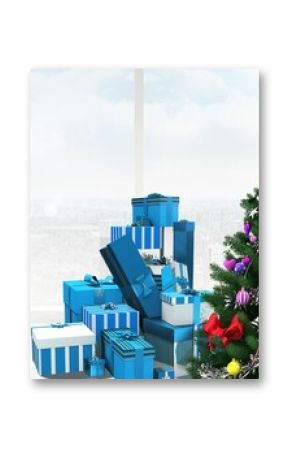 Flat design showing Xmas tree with star topper and ornaments alongside gift boxes under skyline
