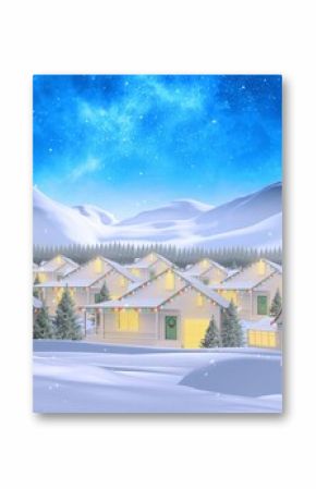 Snowy suburban homes are glowing with festive string lights in flat design winter nightscape