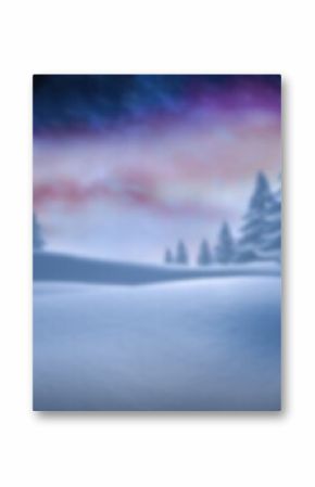 Serene winter landscape is showing flat vector with rolling snow hills and pine trees under aurora