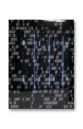 Glowing server racks illuminating data center floor, with LED status lights and binary code overlay