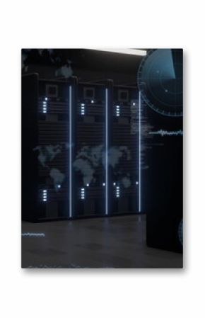 Server racks glowing in data center, with LED status lights, network switches and code overlays