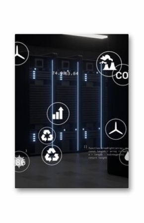 Showcasing three server cabinets with glowing blue LED lights, eco icons and code in data center