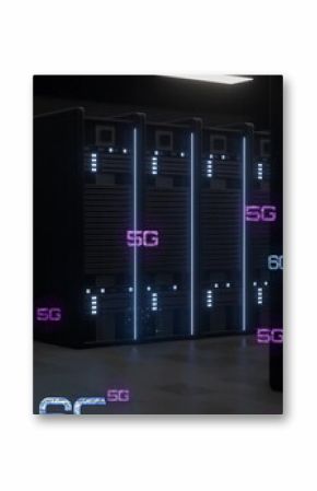 Emitting blue lights on black server cabinets in data center, with floating 5G and 6G labels