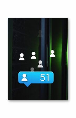 Displaying blue notification bubble pulsing on server racks in data center aisle, green LED lights
