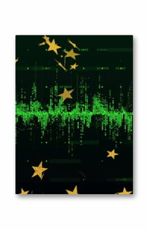 Displaying central green waveform pulsing in abstract digital scene, with golden star shapes