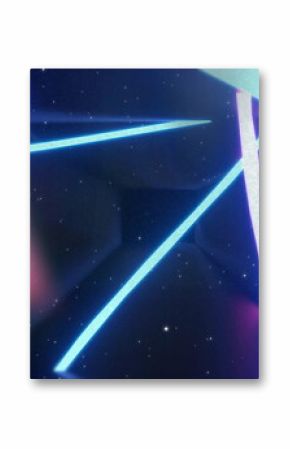 Intersecting neon light bars glowing in abstract scene, with star-like specks and color gradients