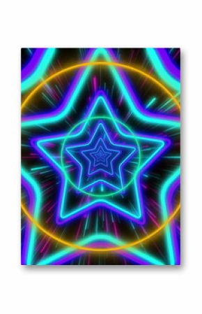 Glowing neon star outlines spiraling through neon tunnel, with golden-yellow ring and light streaks