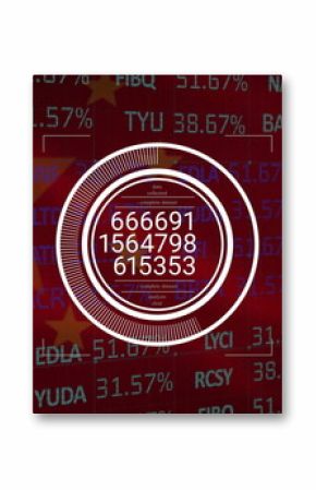 Displaying white HUD on red financial interface with stock tickers and faded yellow star