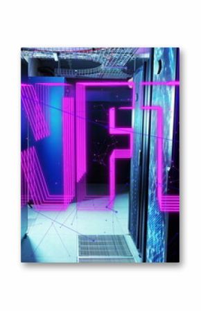 Floating neon pink NFT hologram hovering in server corridor, with blinking lights and network nodes