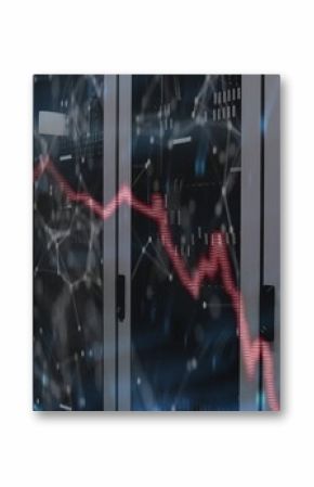 Server cabinets with lights and cables lining data center, showing red graph overlay on shiny floor
