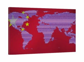 Displaying pixelated pale purple world map spanning red display, with scattered yellow star symbols