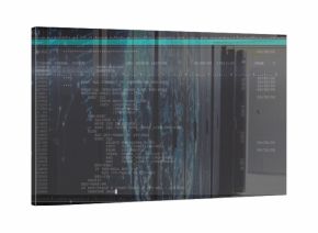 Displaying server cabinets with blinking lights and cables in data center aisle with SQL overlay