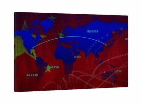 Displaying digital world map on red grid, showing numeric data, star markers, connection lines