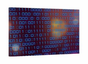 Displaying glowing blue binary code matrix on computer screen interface, with blurred bokeh lights