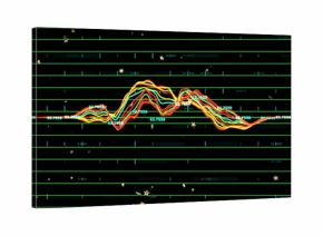 Displaying colorful waveform pulsing over green grid on monitor screen with labels and star markers