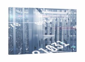 Shimmering server racks displaying LED lights in data center corridor, with floating binary digits