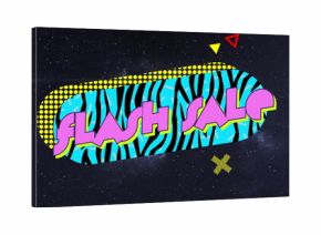 Floating zebra-striped banner with FLASH SALE text over star field, with triangle and X accents