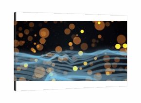 Displaying abstract light-blue waveform patterns rippling over dark void, with glowing bokeh lights