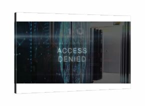 ACCESS DENIED text overlay pulsing between vented racks in data center aisle, with LED lights