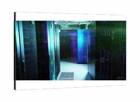Displaying server rack cabinets glowing with LED lights at data center, with overhead cable trays