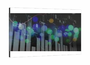 Financial dashboard displaying vertical bars, candlestick icons, lines, numbers, bokeh lights