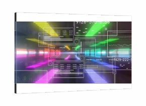 Displaying transparent UI panels presenting numeric charts in digital tunnel, with neon lights