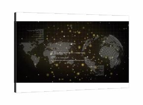 Displaying dotted world map and globe streaming code snippets over dark grid, with glowing lights