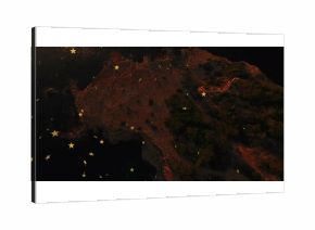 Hovering golden star-shaped graphics above rocky coastal cliff at night, with shrubs and dark water